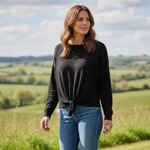 Relative Women Black Crew Neck Blouse Sz L Dolman Long Sleeve Boxy Hem Front Tie